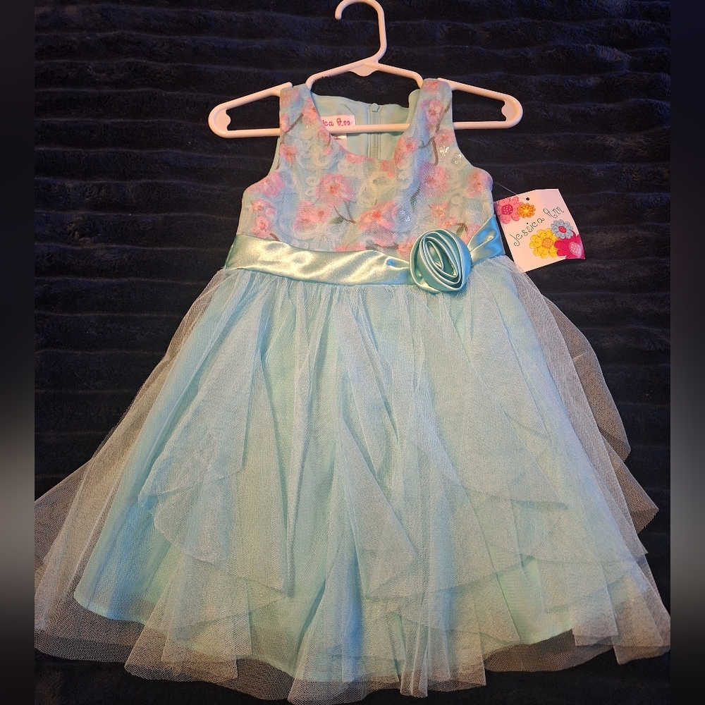 Baby Blue Tulle Dress With Pink Floral Print